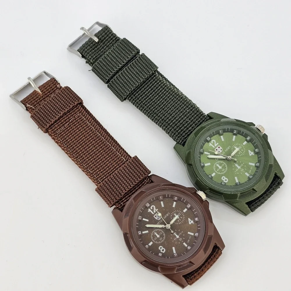 2X Gemius Army Men's Watch 40MM Brown Green Dial Nylon Canvas Bands New‎ Battery